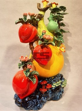 福禄长寿金葫芦寿桃石湾陶瓷公仔客厅办公玄关公司酒柜新中式摆件