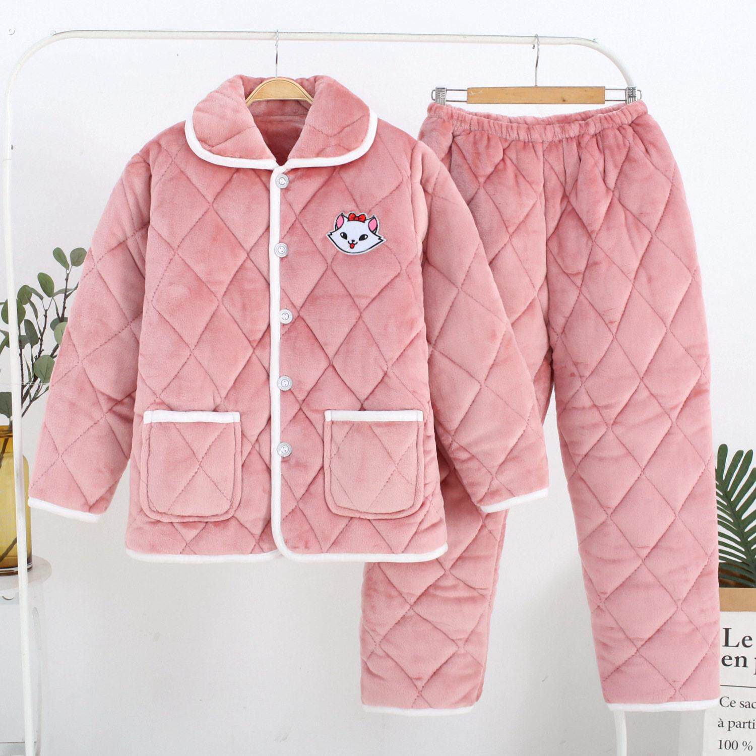 湖南省服女款睡衣冬季加绒加厚保暖三层夹棉珊瑚绒家居服可外穿新