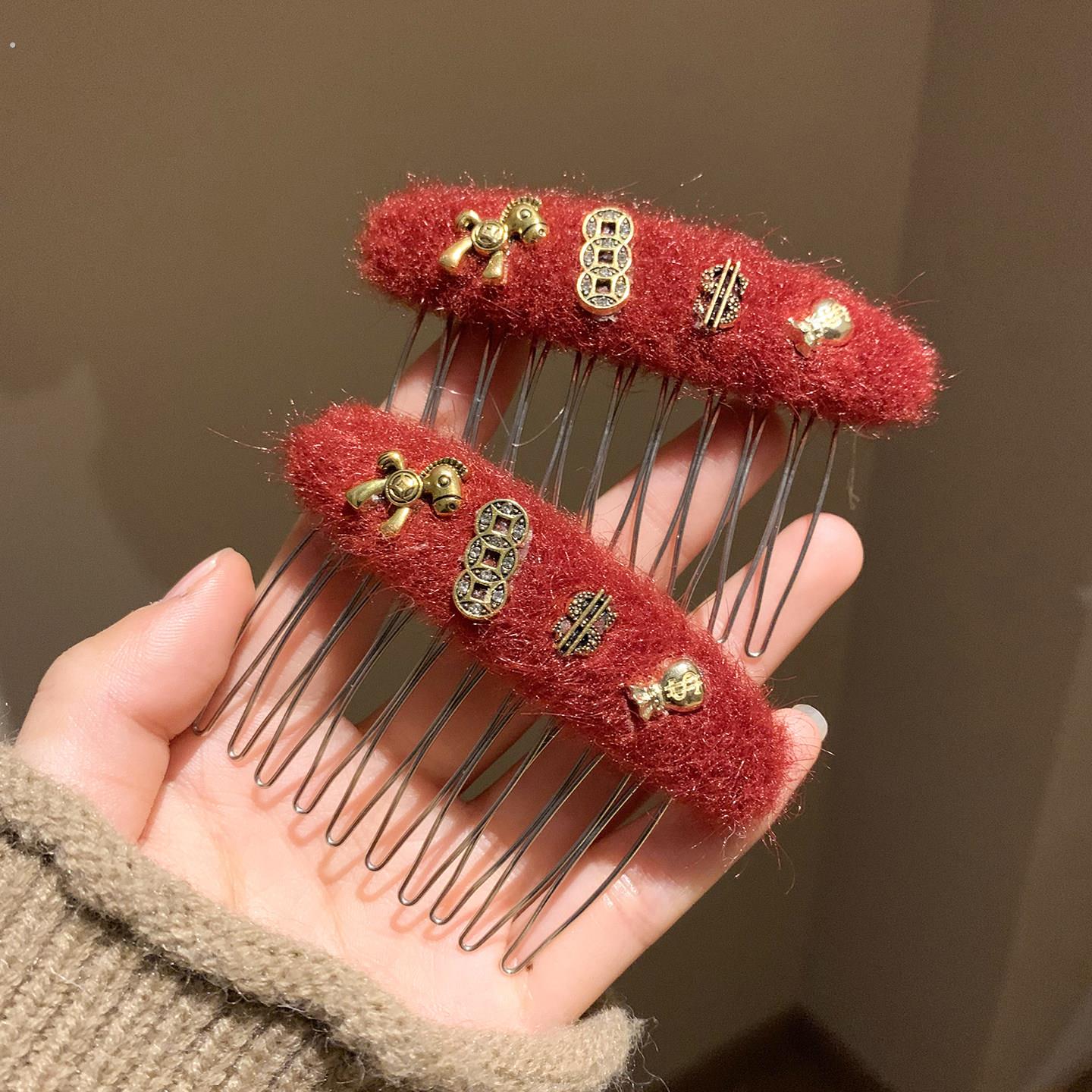 马上发财~红色小马毛绒梳子发梳女高颅顶蓬松插梳新年头饰刘海夹