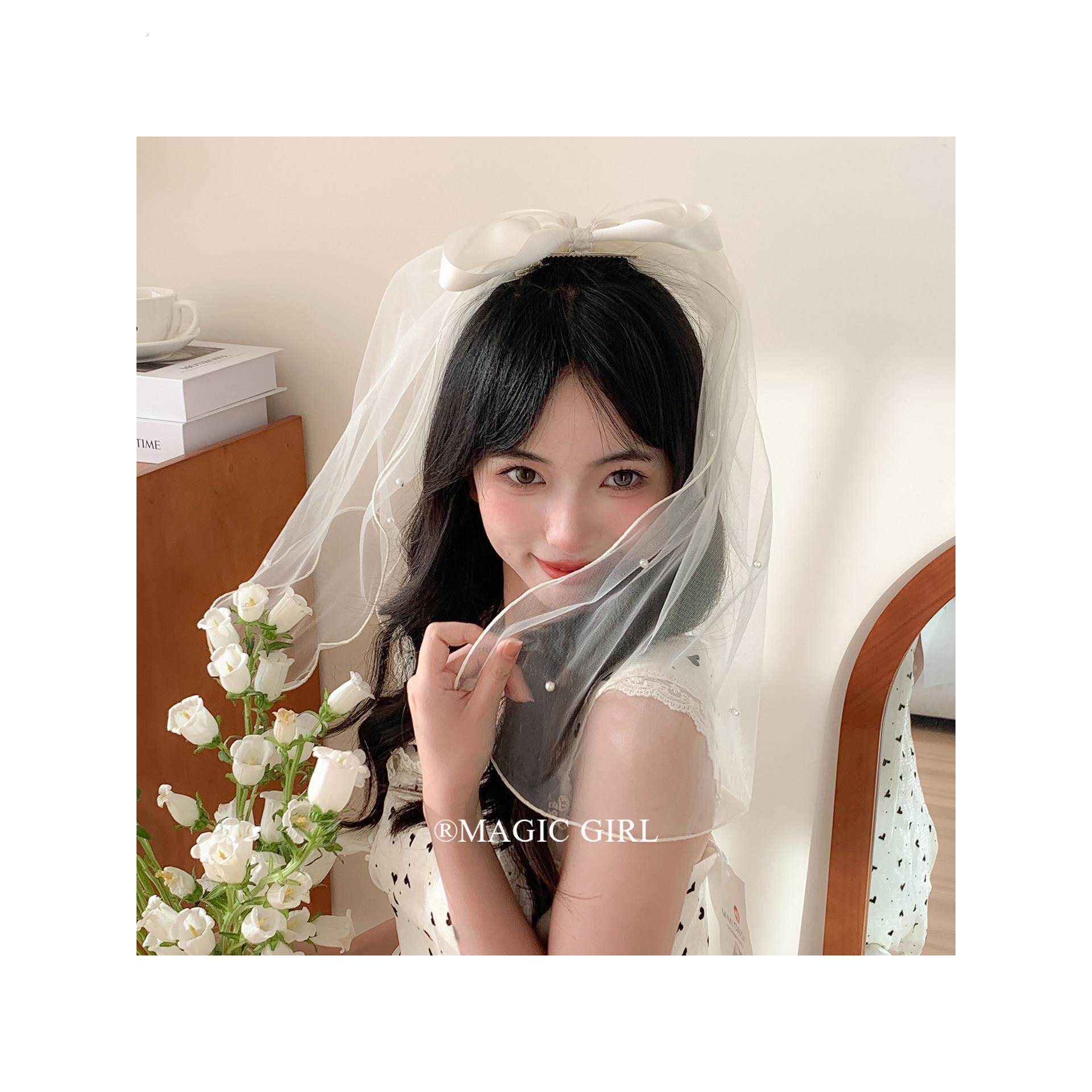 超级仙女米色丝带蝴蝶结证书面纱珍珠蓬松纱布发夹新娘求婚照片头