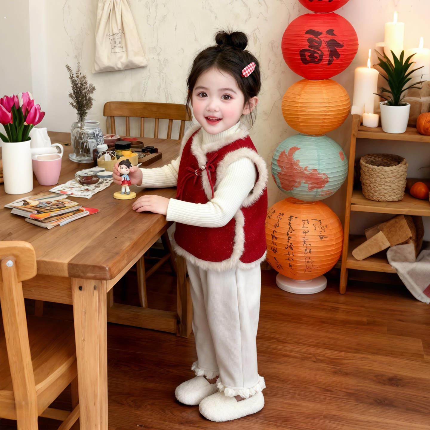 女童红色马甲国风旗袍2026拜年服抓周宴男宝宝背心新中式儿童汉服