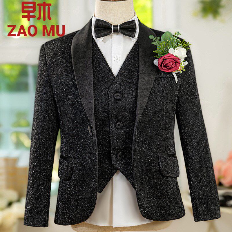 儿童西装套装男童宝石蓝亮片模特走秀时尚金丝小主持人礼服高端