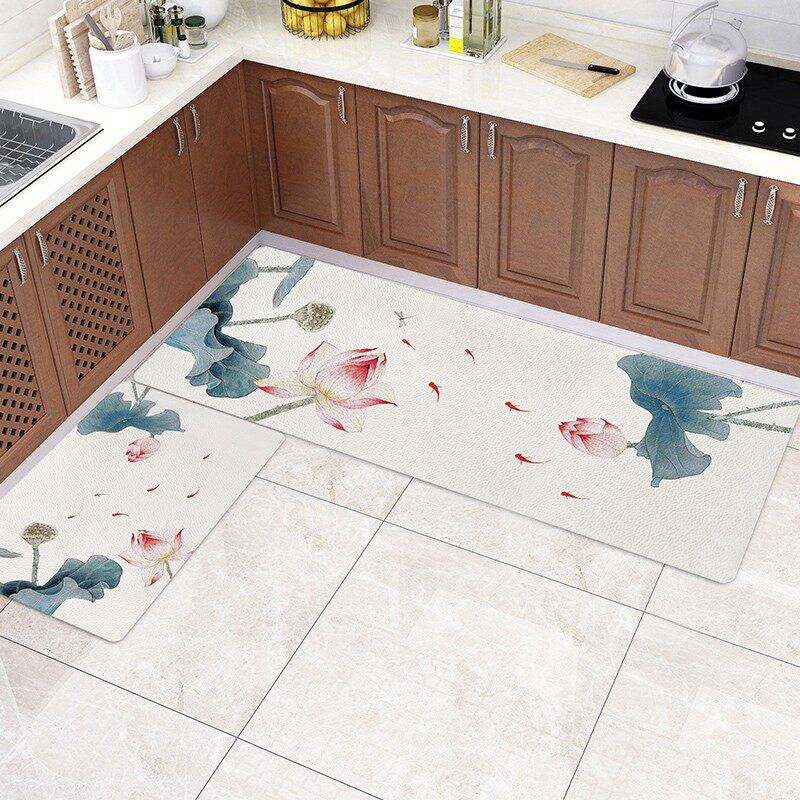 荷花中式厨房地垫防滑防油防水家用pvc可擦免洗长条脚垫耐脏门垫