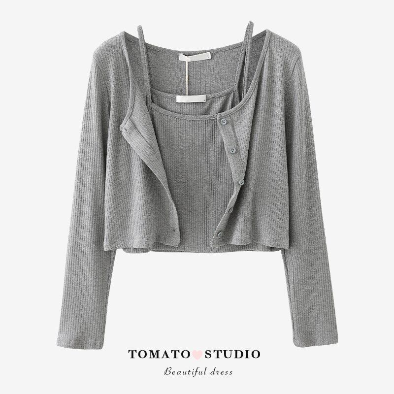 薄款针织开衫/吊带背心两件套 好版型百搭修身短款套装防晒上衣