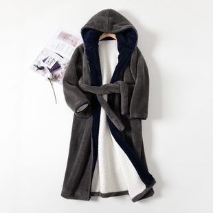 法兰绒男士 加绒加厚长款 长袍睡衣浴袍家居服 珊瑚绒睡袍男冬款 冬季