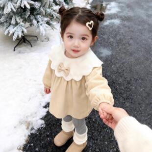 罩衣女宝宝外穿防脏洋气好看反穿衣女童蝴蝶结长袖加厚公主连衣裙