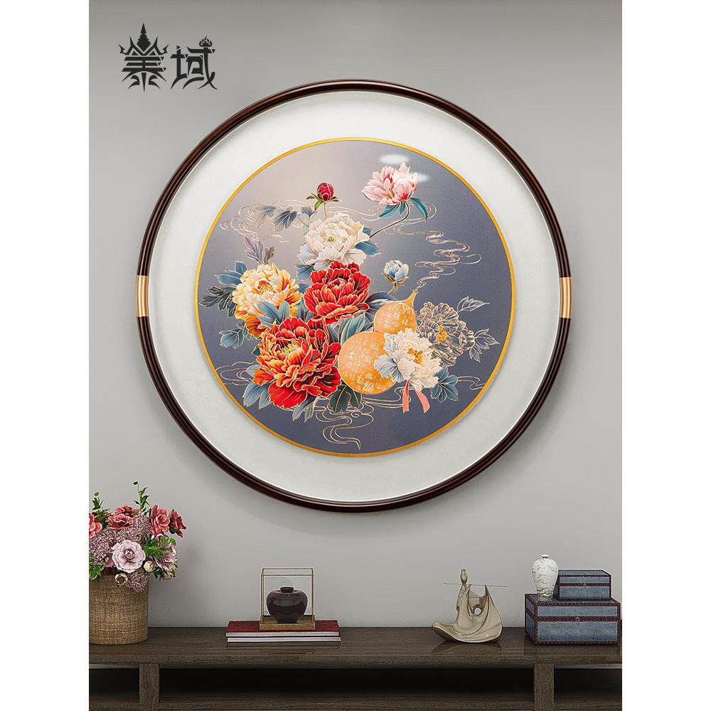 手工錾刻 铜雕画《牡丹葫芦画》中式客厅挂画 玄关圆形壁画装饰画
