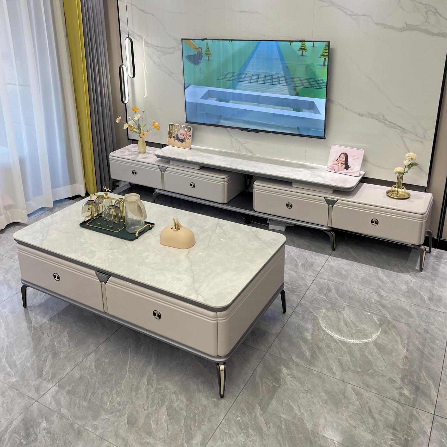 轻奢岩板茶几电视柜组合玉晶玻客厅家用大小户型现代简约伸缩柜子