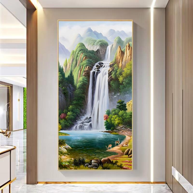 流水生财玄关风景挂画入户走廊过道正对门风水壁画源远流长山水画
