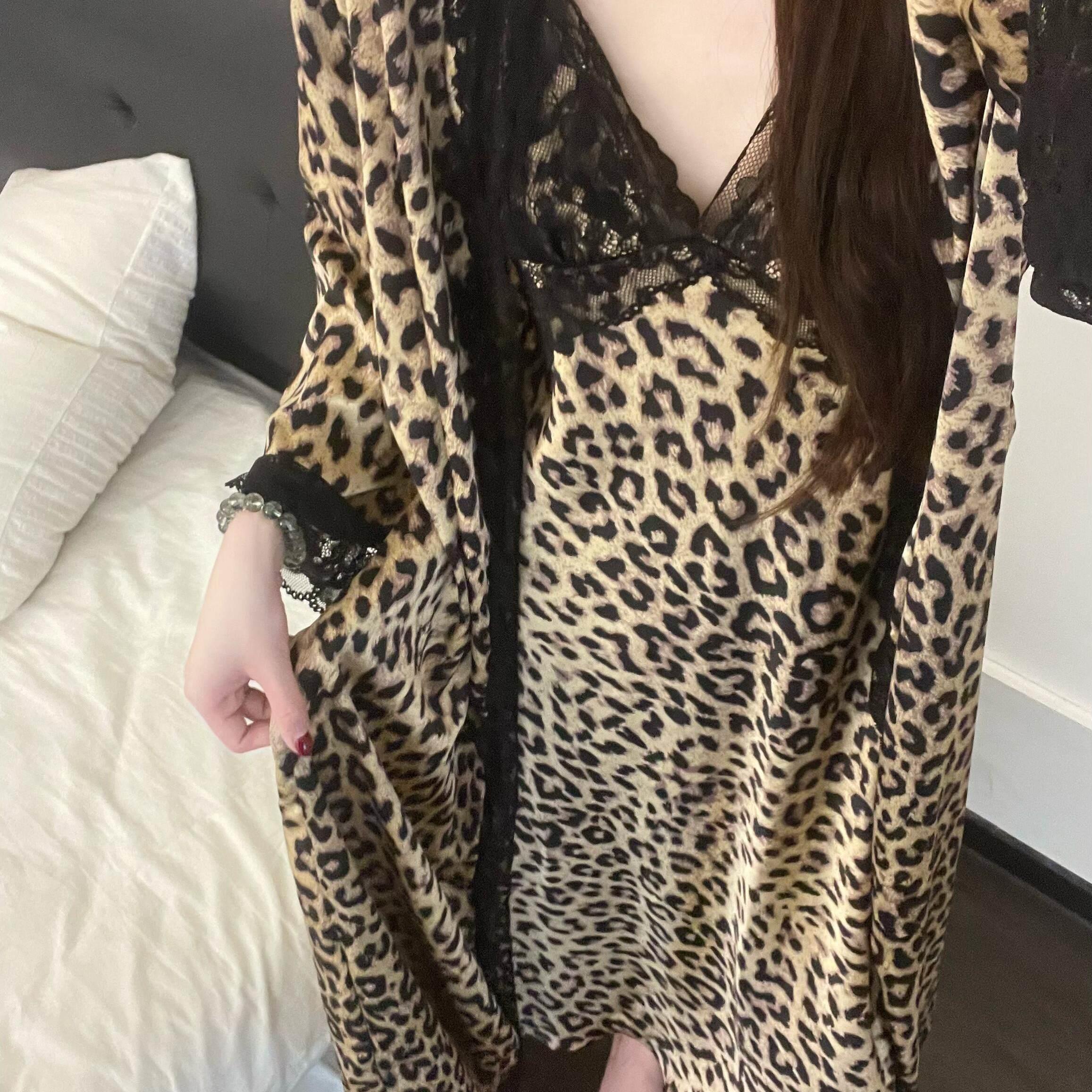 豹纹蕾丝花边冰丝睡衣女夏季大码吊带长裙开衫睡裙家居服两件套