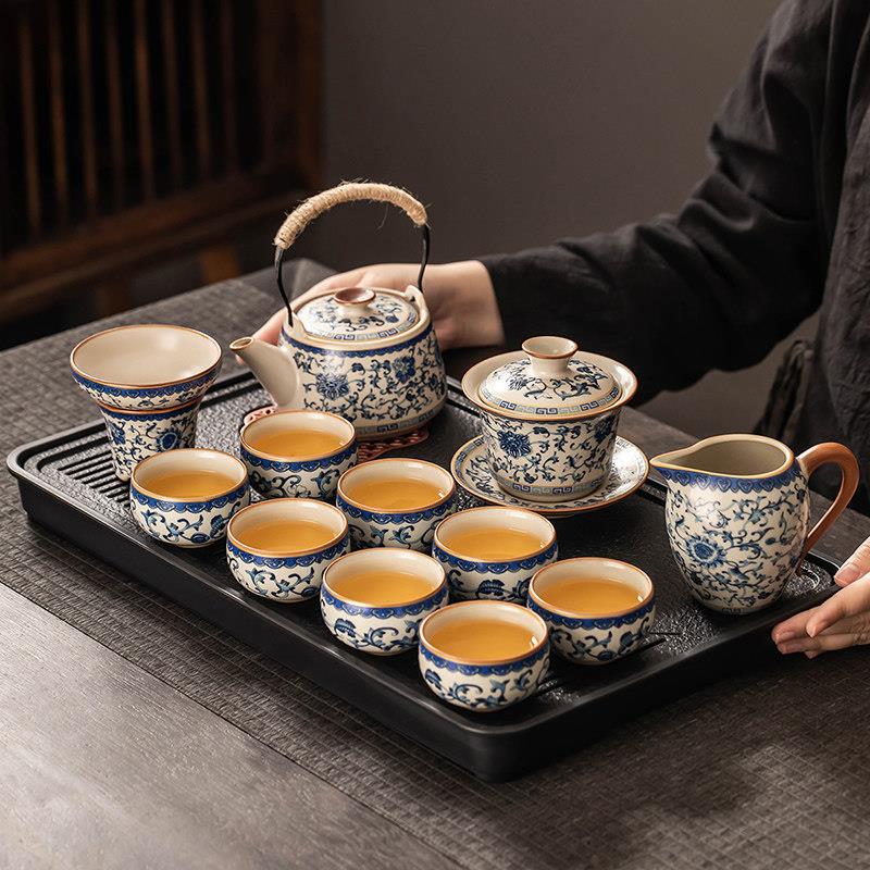 景德镇正品青花黄汝窑茶具套装家用轻奢高档陶瓷泡茶壶功夫茶杯整