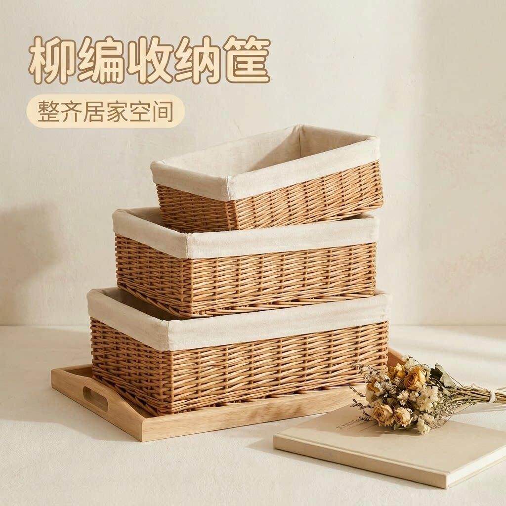 置物储物篮编织收纳筐藤编桌面竹编筐家用收纳盒布艺柳编收纳篮子