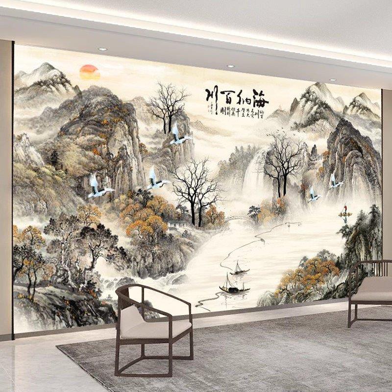 定制中式电视背景墙山水画办公室立体3d山水客厅沙发书房墙贴画