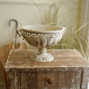 花园复古白色奖杯花盆做旧园艺装饰法式铁艺花翁欧式插花器摆件
