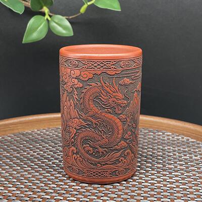 原矿朱泥大红袍纯全手工浮雕四大神兽紫砂主人杯150ml直筒茶杯子
