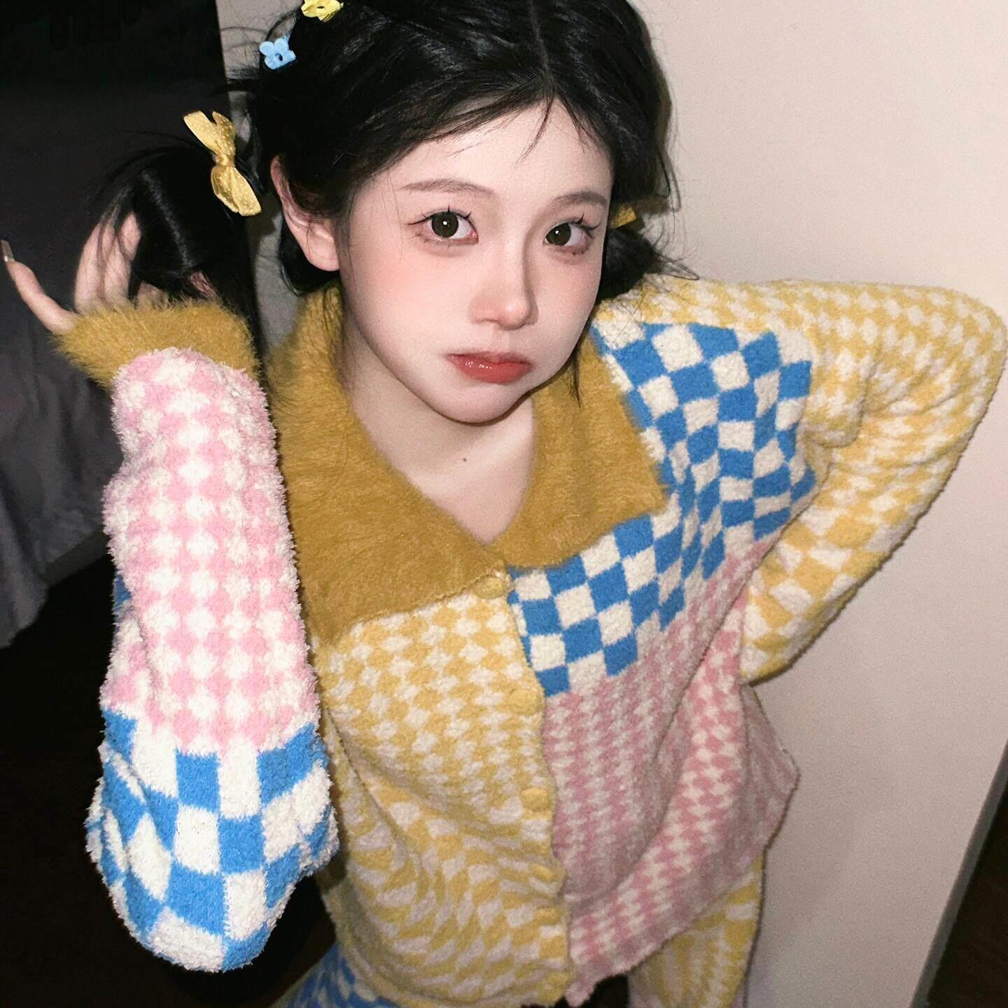 韩版设计感撞色格纹毛绒睡衣女冬季加厚针织半边绒家居服套装大码