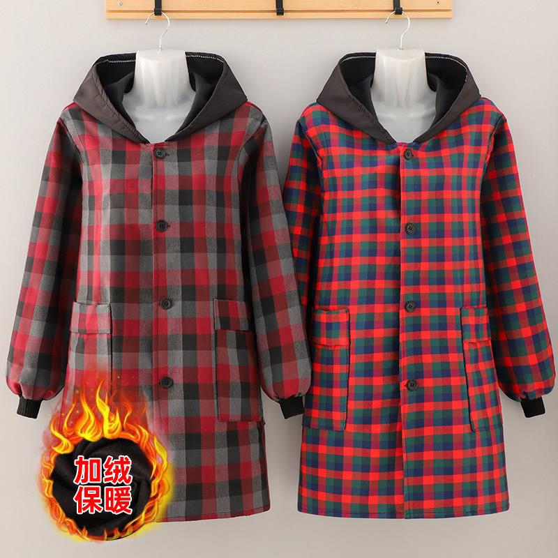 罩衣保暖加绒加厚女新款冬季大人长袖加棉家用厨房围裙工作服外套