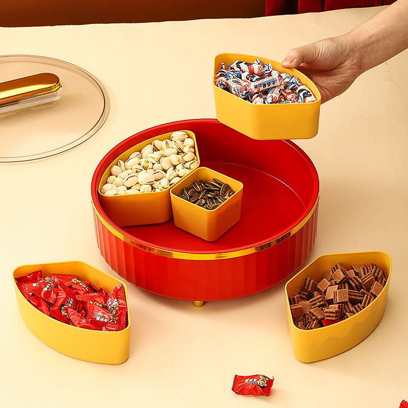 新款网红色高档婚宴分格旋转糖果盒轻奢客厅零食干果果盘喜庆中式