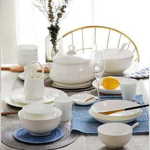 纯白骨瓷餐具碗盘碟套装 家用白色6/8/10人骨瓷吃饭碗盘子组合