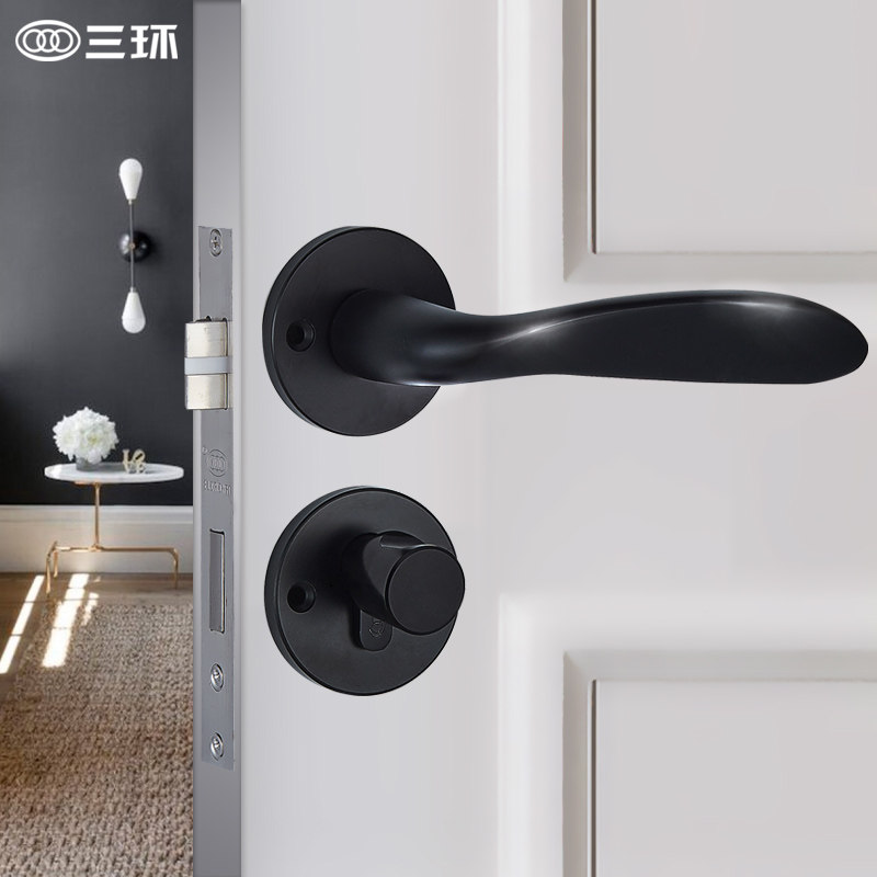 三环静音分体门锁室内把手卧室房门锁黑色美式实木门锁具三件套装