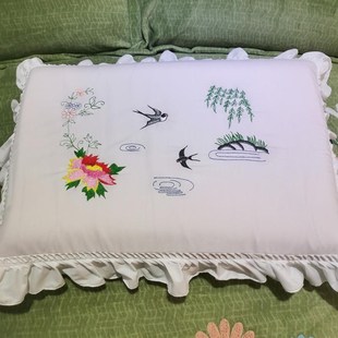 包邮特色机绣手工花纯白色的确良布老式花边枕头单双人枕套飞边