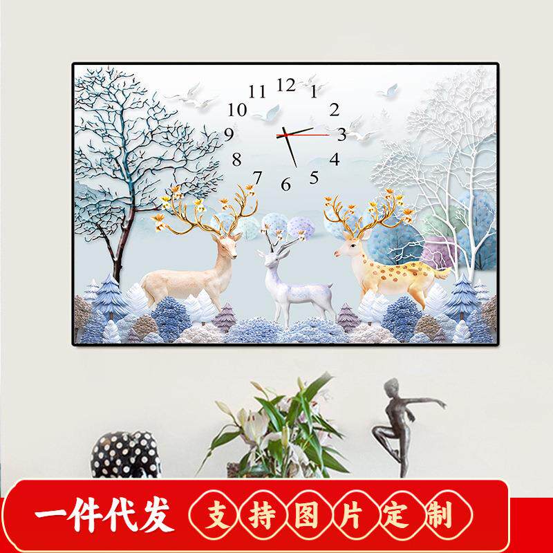 5d钻石画2019新款客厅发财麋鹿钟表点贴钻十字绣满钻石绣现代简约