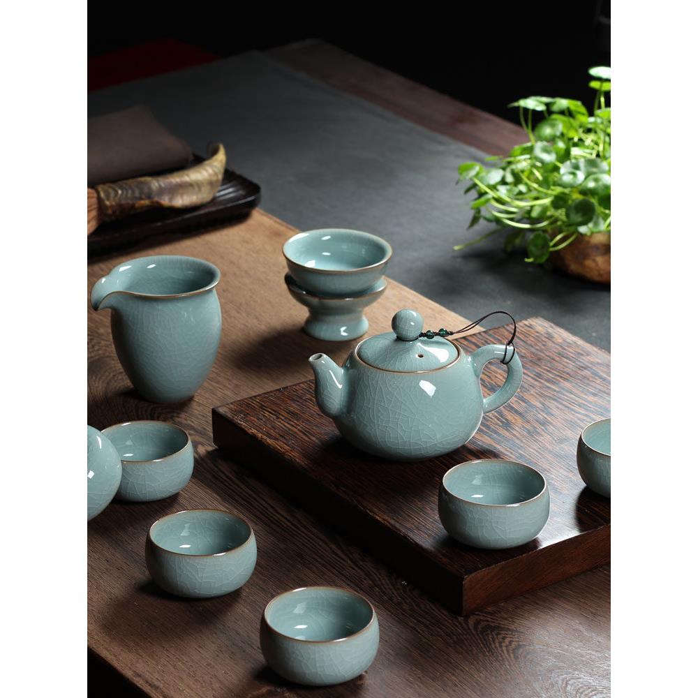 灵青坊青瓷整套功夫茶具陶瓷过滤茶壶哥窑冰裂纹开片功夫茶杯套装