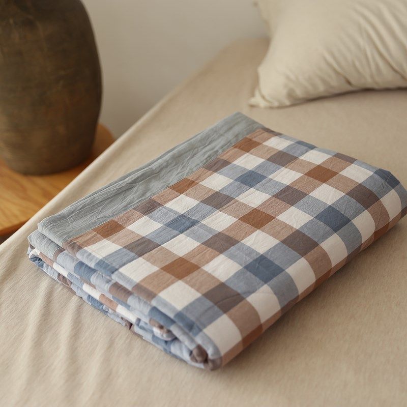 日式纯棉水洗棉夏凉被棉花薄被子单双人简约格子空调被 1.5可机洗