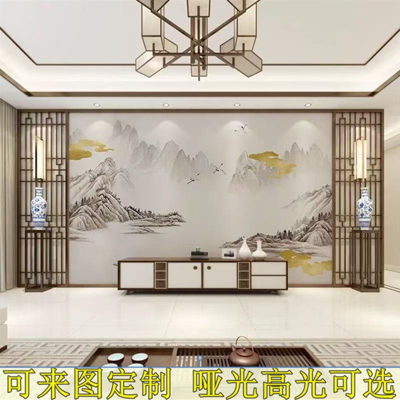竹木纤维电视背景墙碳晶板客厅沙发墙画新中式山水画护墙板定制