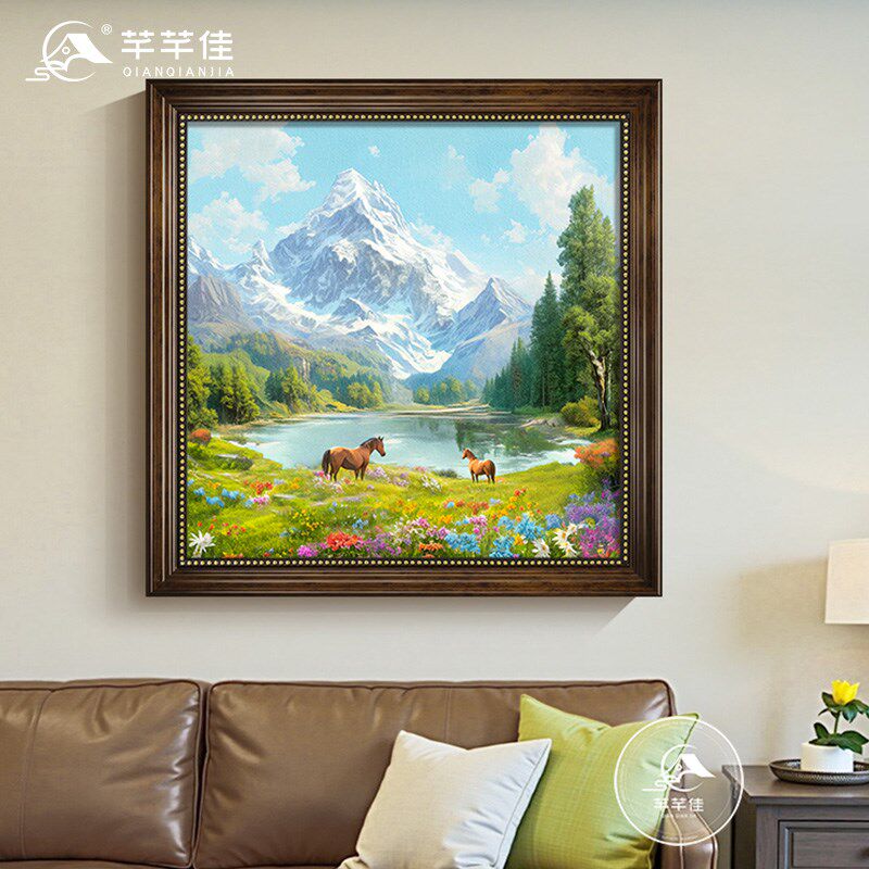 聚宝盆山水画客厅装饰画西墙聚财靠山图沙发墙挂画方形入户玄关画