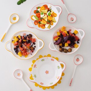 陶瓷双耳汤碗家用拉面碗水果沙拉碗高颜值点心碗加勺子可爱少女心