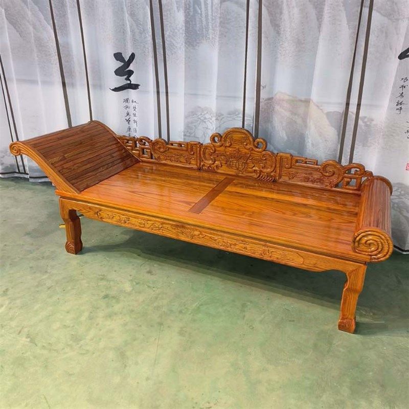 中式实木贵妃椅沙发床雕花美人榻仿古罗汉床客厅躺椅榆木三人沙发