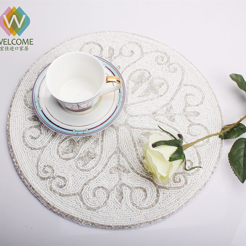 欧式白色锈珠串珠餐垫隔热垫花瓶垫台灯垫香薰垫客厅餐桌装饰摆饰
