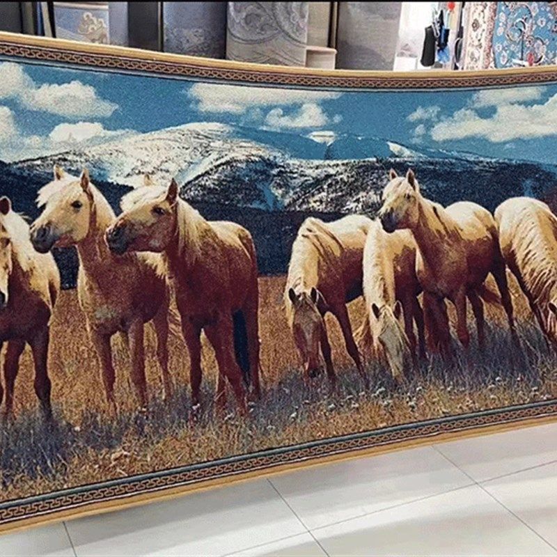 蒙古国纯羊毛客厅背景墙卧室书房长方形八骏风景装饰画挂毯壁毯