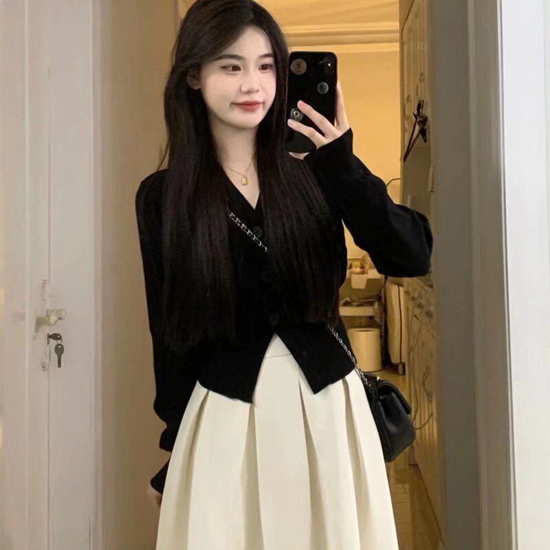 小个子秋冬时尚套装女150显高V领针织毛衣开衫白色半身裙两件套xs