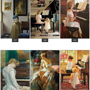 法式钢琴大提琴女孩古典油画海报琴行音乐教室装饰画客厅餐厅挂画