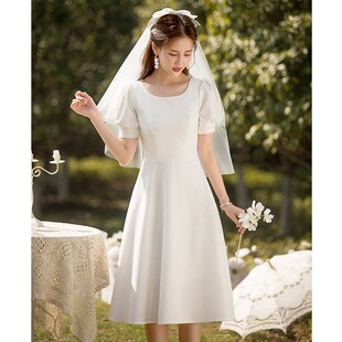 领证登记小白裙日常法式白裙子缎面平时可穿订婚礼服轻婚纱连衣裙