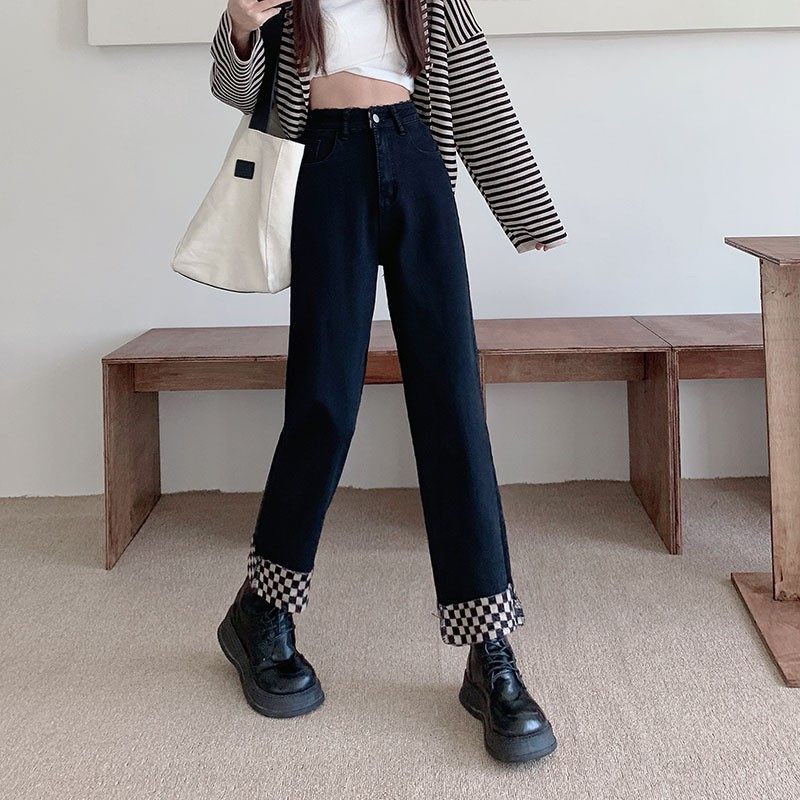 黑色牛仔裤女冬季加绒高腰直筒大码胖mm宽松显瘦阔腿梨形身材裤子