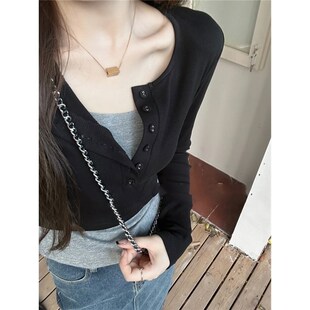 春秋打底衫女新款半开领纽扣假两件上衣T恤修身显瘦百搭长袖上衣