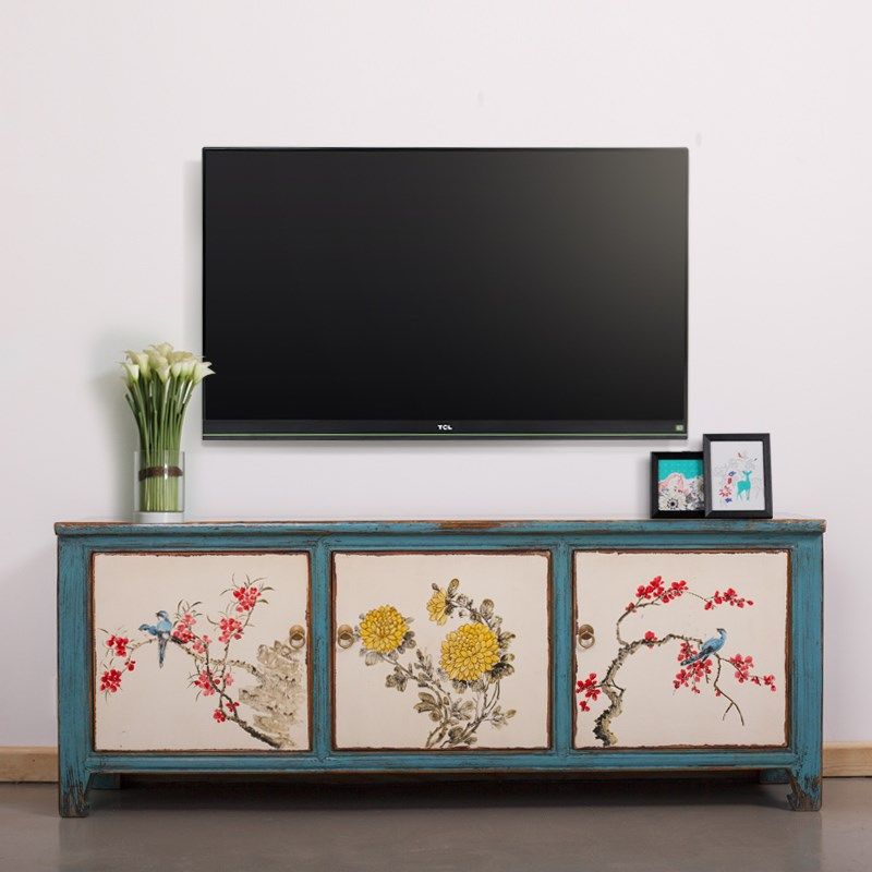 新中式古朴彩漆做旧家具简约茶几电视柜手绘田园风格实木地柜dsg,住宅家具,电视柜,淘宝优惠券,粉丝福利购,淘宝优惠卷