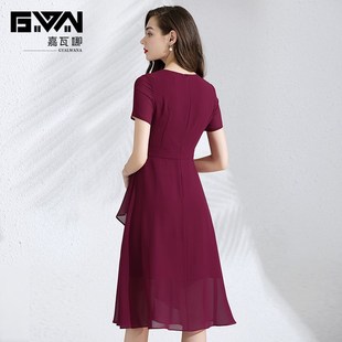 嘉瓦娜裙子女2025新款酒红色连衣裙夏季收腰显瘦雪纺裙中长款气质