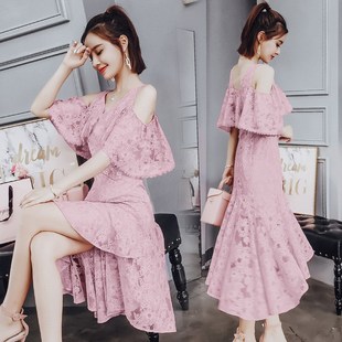 今年流行夏天裙子很仙的法国小众连衣裙法式桔梗裙粉色蕾丝长裙女