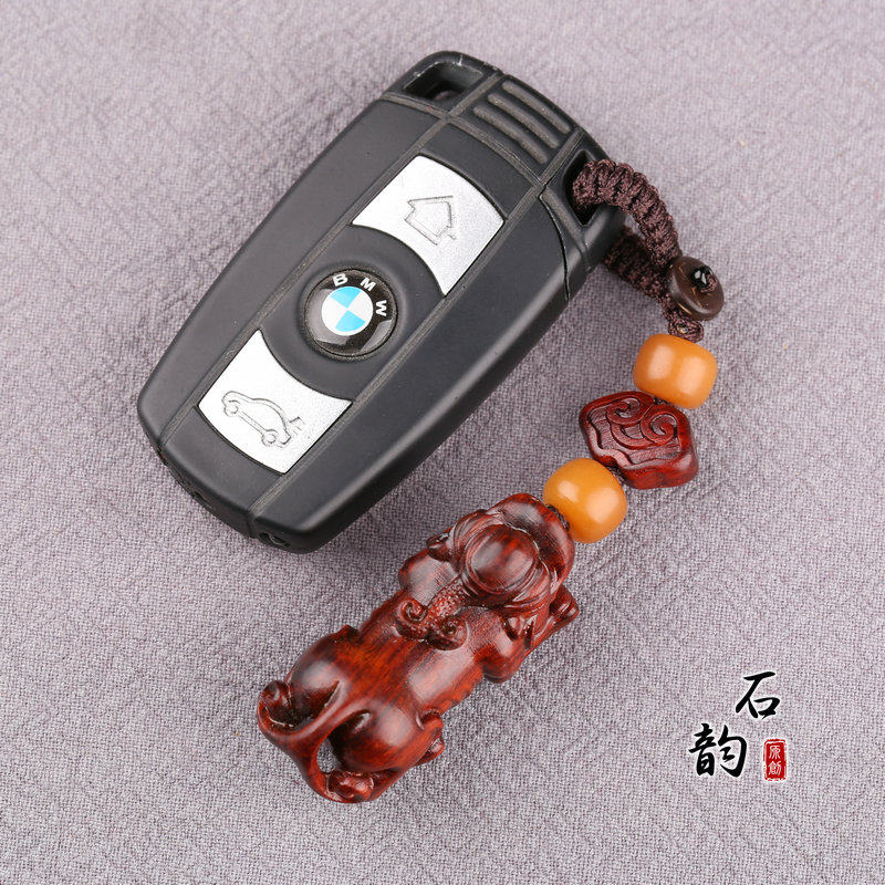 紫檀木雕刻立体貔貅钥匙扣汽车钥匙挂件钥匙链招财保平安手工高档