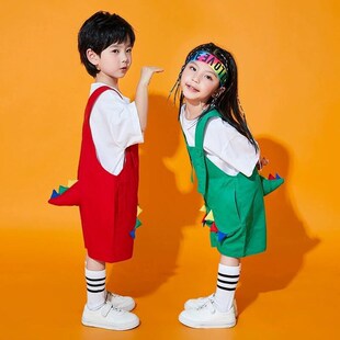 新款六一儿童啦啦队演出服幼儿园小龙人背带裤恐龙小青龙表演服装