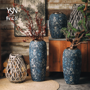 御三泥复古青花落地花瓶仿古陶瓷花器中国风摆件戏剧道具花瓶花器