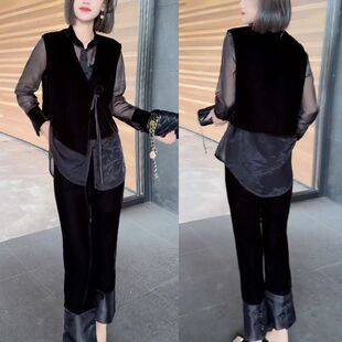 2025秋季新款国风时尚显瘦套装女新中式盘扣假两件衬衣裤子两件套