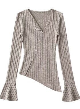 MICN美式设计感斜扣V领小衫针织衫套头内搭上衣秋季新款打底衫女