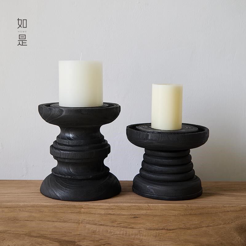 如是/碳化木侘寂风黑色烛台家居摆件样板间民宿客厅复古装饰品