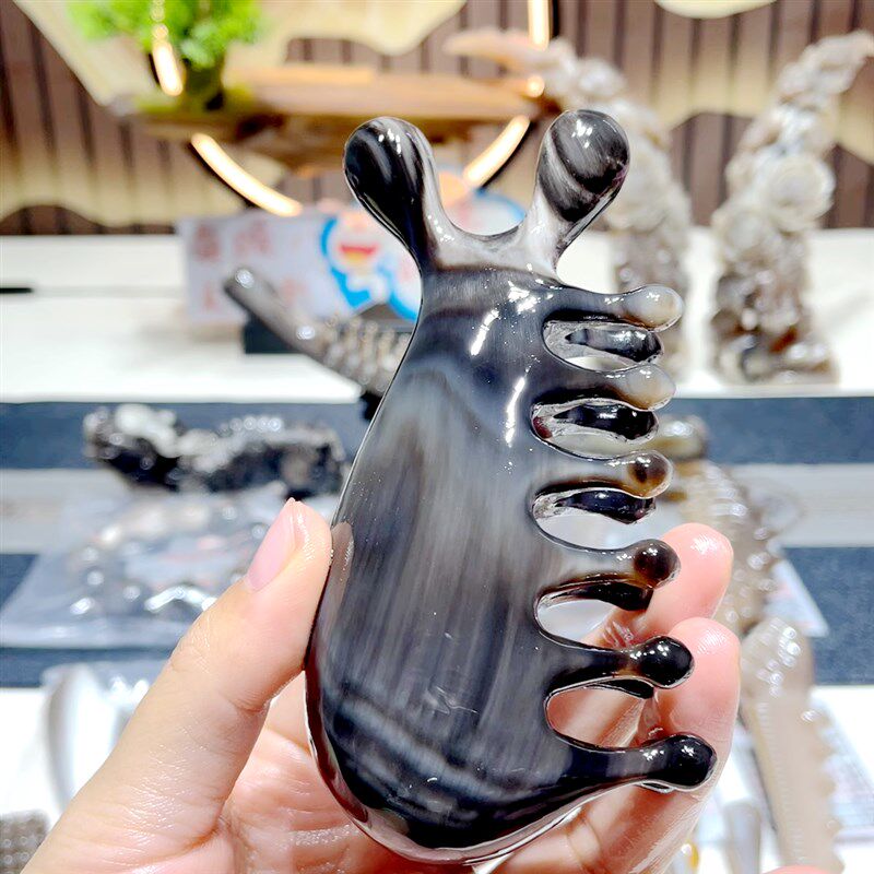 白水牛角梳五齿梳面部经络梳家用头部按摩梳头疗梳宽齿梳刮痧脸梳