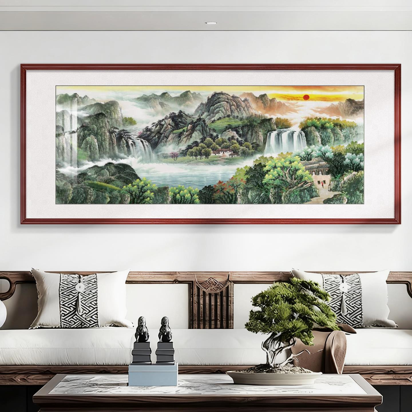 旭日东升国画中堂办公室风景挂客厅装饰字背景墙壁画聚宝盆山水画